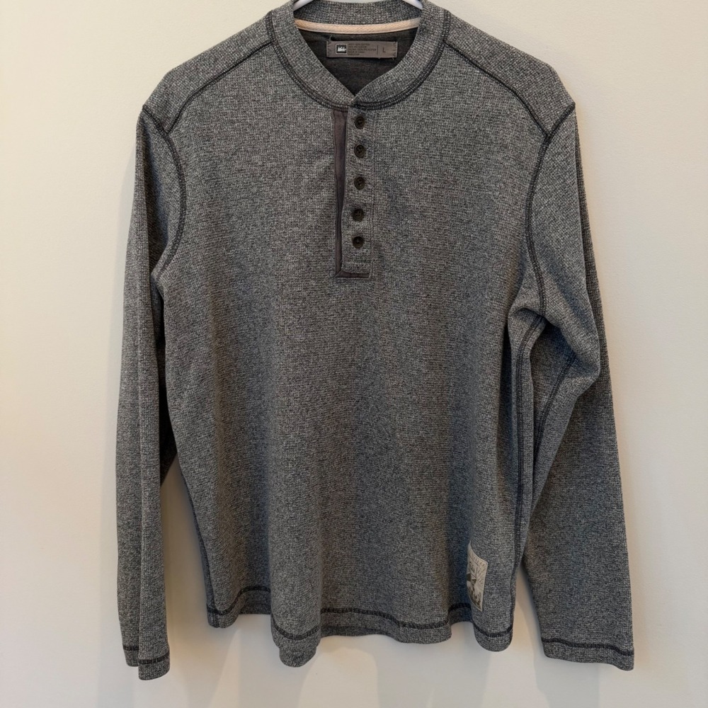 REI Co-op Mens Gray Heathered Waffle Knit Long Sleeve Henley Shirt Size L
